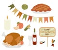 Set for Thanksgiving day. Celebration dinner Vector illustration. Traditional symbols of autumn holiday on a white background. Royalty Free Stock Photo