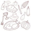 Set of thanksgiving dinner hand draw doodle elements, roast Turkey, pumpkin, corn, pilgrim hat, wine vector Royalty Free Stock Photo