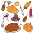 Set of thanksgiving dinner hand draw elements, roast Turkey, pumpkin, corn, pilgrim hat, wine, fork and spoon vector Royalty Free Stock Photo