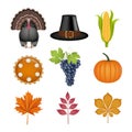 Set of thanksgiving elements. isolated turkey, pilgrim hat, corn cob, pumpkin pie, grapes, pumpkin and fall leaves illustration