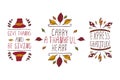 Set of Thanksgiving elements and text on white background