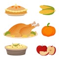 Set of Thanksgiving food turkey, mashed potatoes, apples, pumpkin, corn and pie. Collection of objects isolated on white Royalty Free Stock Photo