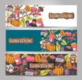 A set of Thanksgiving horizontal banners. Happy holidays concept. Autumn harvest design template for advertisement, sale, invitati