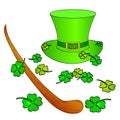 Set on the theme of Saint Patric Day. The gnome hat, clover, cane or trole. Object on a white background