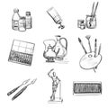 A set on the theme of visual arts education.  Isolated sketches on white background Royalty Free Stock Photo