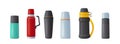 Set of Thermo Tumblers, Vacuum Flask, Mugs or Bottles for Coffee or Tea Drink Keep Hot. Metal Bottled Containers