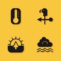 Set Thermometer, Fog and cloud, Sunrise and Rooster weather vane icon with long shadow. Vector