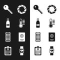 Set Thermometer, Glass bottle milk and cap, Key, Camera shutter, Mobile Apps and Passport icon. Vector Royalty Free Stock Photo