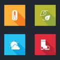 Set Thermometer, Leaf, Sun and cloud weather and Waterproof rubber boot icon. Vector Royalty Free Stock Photo