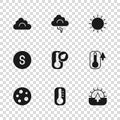 Set Thermometer, Sunrise, Cloud, and lightning and Compass south icon. Vector