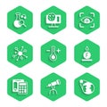 Set Thermometer, Telescope, Earth globe, Force of physic formula, Calculator, Molecule, Eye scan and Test tube icon Royalty Free Stock Photo
