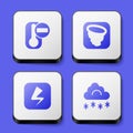 Set Thermometer, Tornado, Lightning bolt and Cloud with snow icon. White square button. Vector Royalty Free Stock Photo