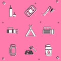 Set Thermos container, Rafting boat, Wooden axe, Flashlight, Tourist tent, and and wood icon. Vector Royalty Free Stock Photo