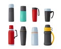 Set of Thermos, Vacuum Flask, Tumblers, Mugs or Bottles for Drink Keep Hot. Metal Bottled Containers or Aluminum Cups Royalty Free Stock Photo