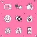 Set Thermostat, House with solar panel, Smart home settings, Power button, and humidity icon. Vector