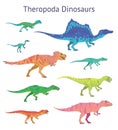 Set of theropoda dinosaurs. Colorful vector illustration of dinosaurs isolated on white background. Side view. Theropods Royalty Free Stock Photo