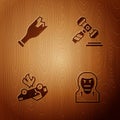 Set Thief mask, Broken bottle weapon, Burning car and Judge gavel on wooden background. Vector