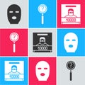 Set Thief mask, Magnifying glass with search and Wanted poster icon. Vector