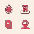 Set Thief mask, Murder, Arson home and Playing cards icon. Vector