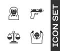 Set Thief surrendering hands up, mask, Scales of justice and Pistol or gun icon. Vector Royalty Free Stock Photo