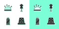 Set Thimble for sewing, Needle bed and needles, Sewing thread on spool and Mannequin icon. Vector