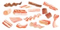 Set Thin Bacon Strips, Rashers Isolated on White Background. Brisket or Ham, Tasty Snack, Delicious Food for Breakfast