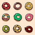 Set of thin black outline donuts isolated on pink background. hand drawn vector. doodle dessert for kids, wallpaper, sticker, clip
