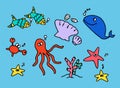 Set of thin black outline sea animals, marine life isolated on blue background. hand drawn vector. modern scribble for kids, wallp