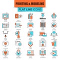 Set of thin line icons 3D printing and modeling technology