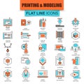 Set of thin line icons 3D printing and modeling technology