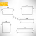 Set of thin line icons of pans to cook different dishes. Pans and pots