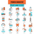 Set of thin line icons power plant, extraction of various resources