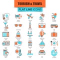 Set of thin line icons tourism recreation, travel vacation to resort hotel