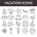 Set of thin line icons with vacation symbols. Traveling pictograms for websites, banners, infographic illustrations.