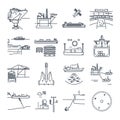 Set of thin line icons water transport and sea port, platform