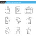 Set thin line water delivery icon on white background,