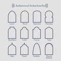 Set of thin outline common types of architectural arches icons
