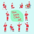 Set of thin Santa Claus with various action with laptop computer and gestures illustration vector isolated on blue background