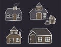 Set of thin white outline house icons isolated on dark background. night mode. modern scribble for kids, sticker, clipart, wallpap Royalty Free Stock Photo