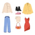 A set of things for girls and women. Pants, dresses, coats, jackets, shirt in flat style. Vector