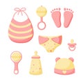 A set of things for a newborn isolated on a white background. Collection for girls. Cap, bib, panties, rattles, bottle, pacifier,