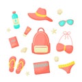 Set of things for a vacation at sea. Collection summer travel items for woman. Vector illustration.