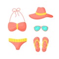 Set of things for a vacation at sea. ÃÂ¡ollection summer travel items for woman. Swimsuit, glasses, flip-flops, hat Vector