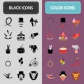 Set of thirty black and color circus icons