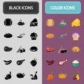 Set of thirty black and color food icons