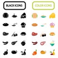 Set of thirty black and color food icons