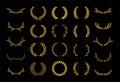 Set of thirty different golden silhouette laurel foliate, wheat and olive wreaths depicting an award, achievement, heraldry,