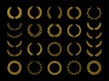 Set of thirty different golden silhouette laurel foliate, wheat and olive wreaths depicting an award, achievement, heraldry,