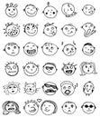 Set of thirty hand drawn vector emoticons or smileys Royalty Free Stock Photo