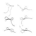 Set of thread scribble bows, double-looped knots. Black line abstract scrawl sketch. Chaotic doodle shapes. EPS 10.